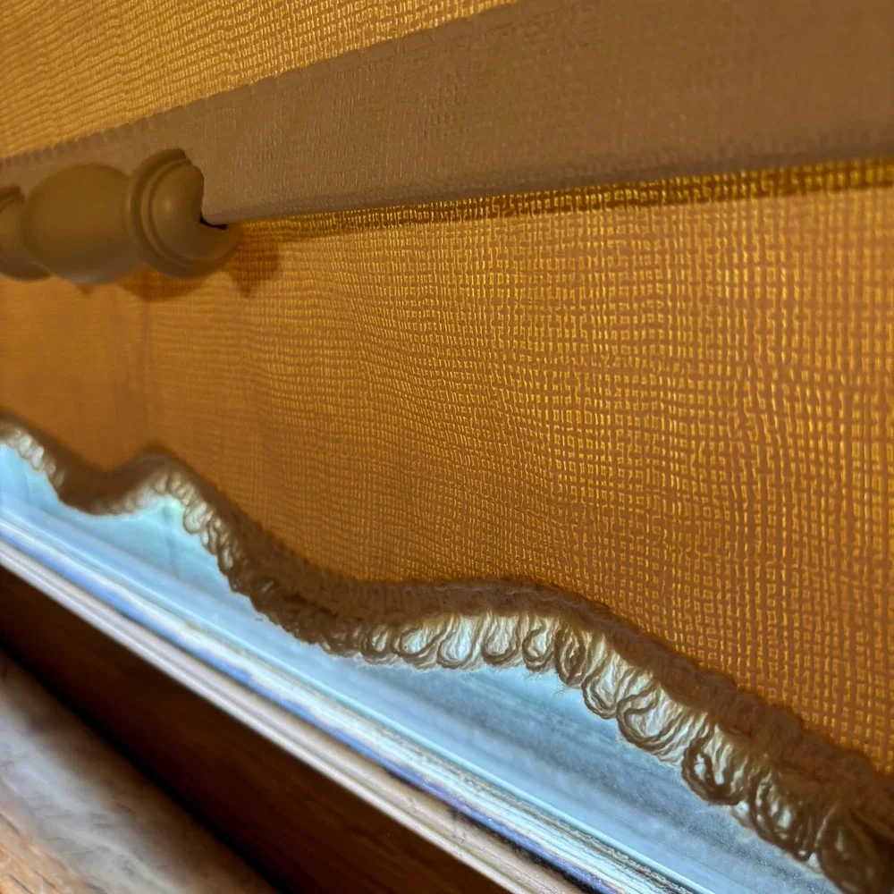 Vintage Cream Textured Roller Window Shade Scalloped Trim Wood Pull 37x70 in